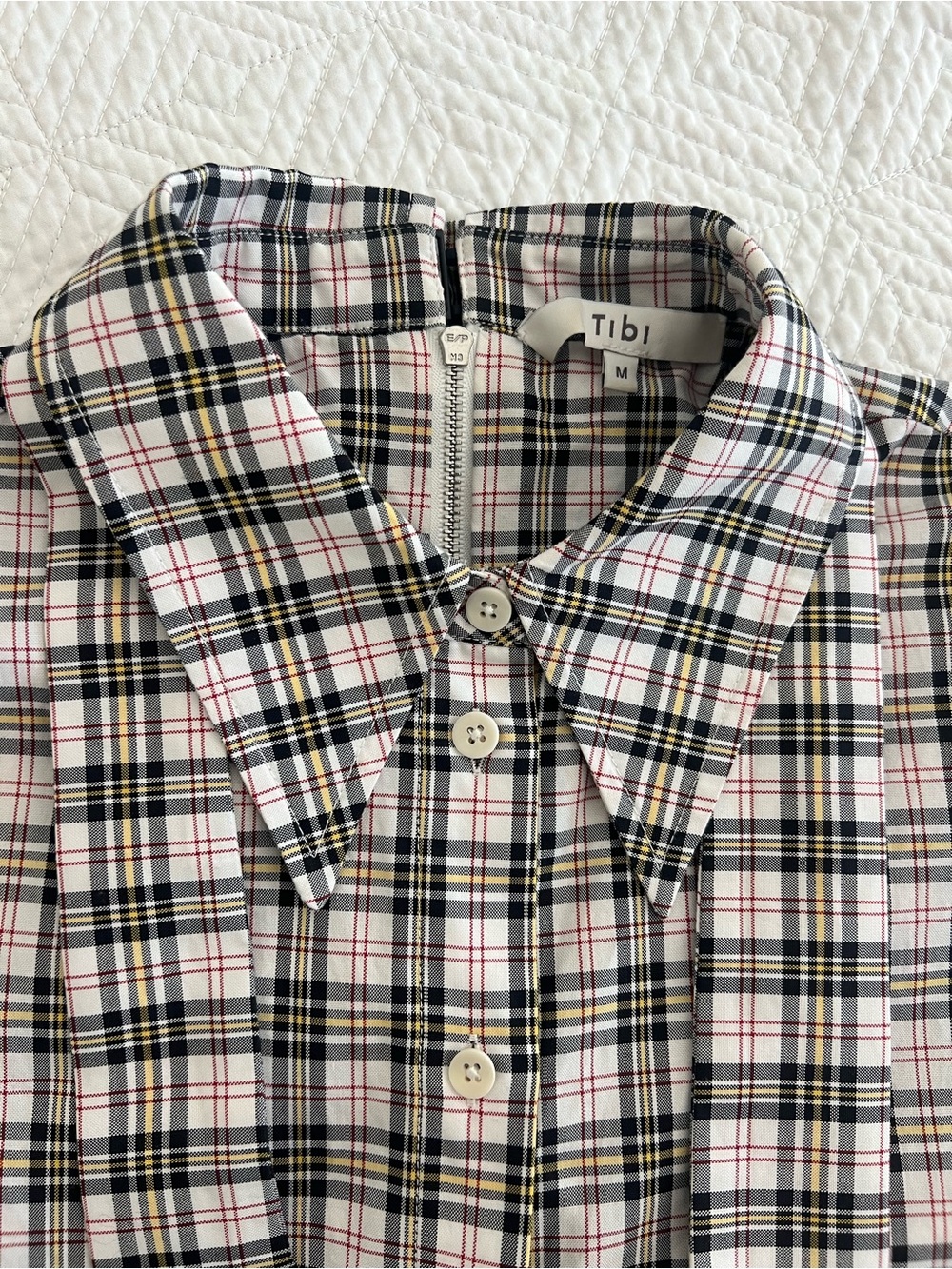 Tibi Plaid Button-Down Shirt - White, Black, Red & Yellow Accents